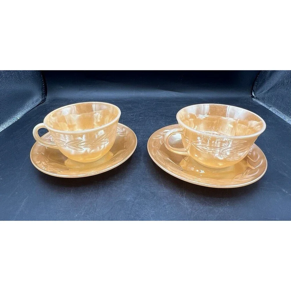 Vintage Fire King Peach Lustre Laurel Leaf 2 Cups 2 Saucers Anchor Hocking